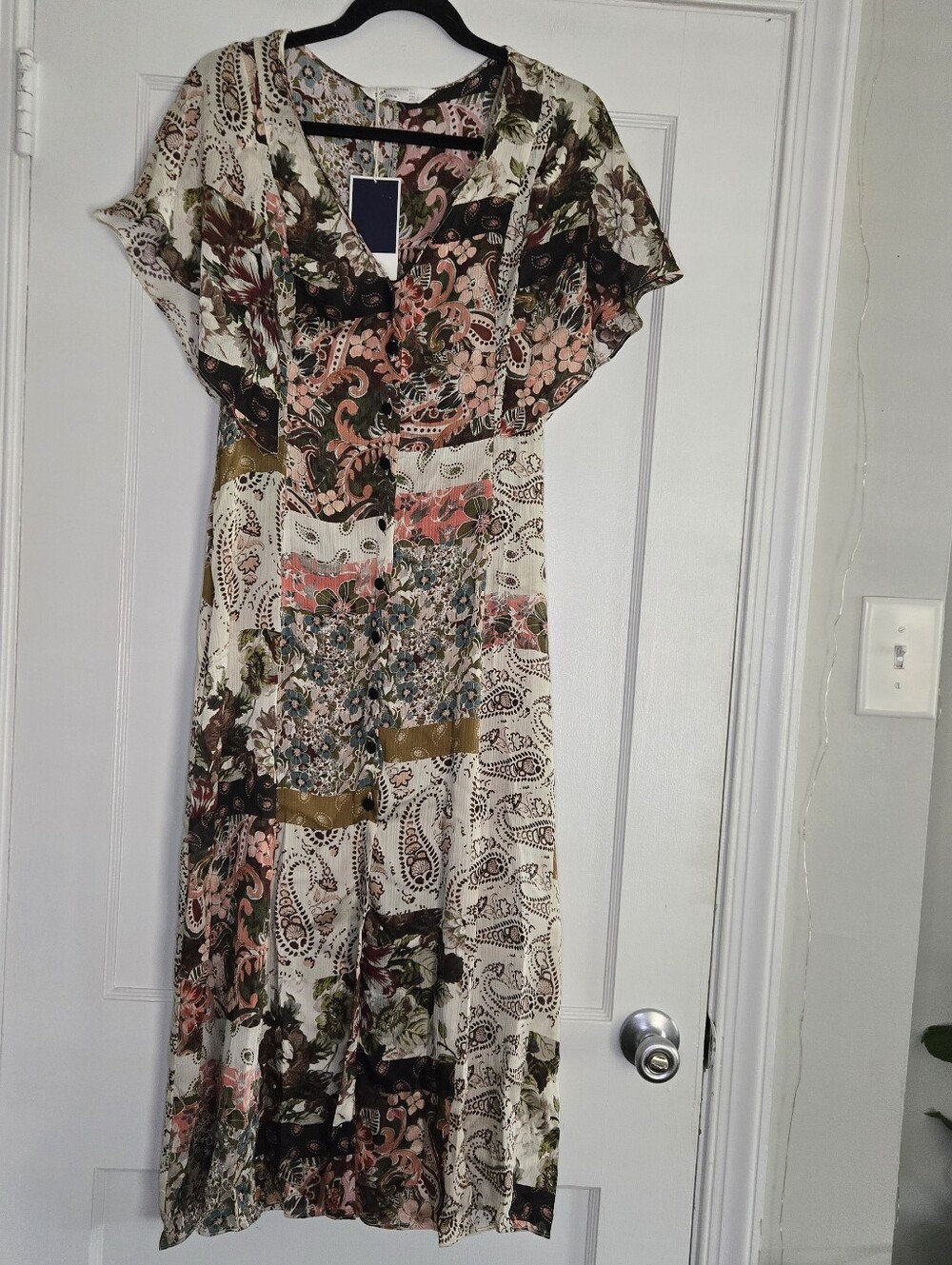 Zara Floral Patchwork Midi Dress Cream Pink Olive Boho Cottagecore